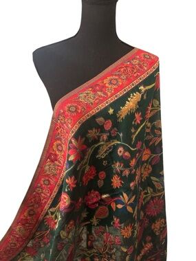 Green Kani Silk shawl ,Embroidered Floral Shawl Wrap in Dark Green and Red